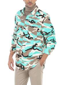 Manfinity Homme Men's Camouflage Printed Button-front Denim Shirt With Patch Pocket - Multicolor - View 1