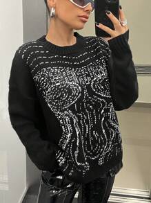 SHEIN ICON Extra-loose Fit Women's Sweater With Human Body Pattern - Black and White - View 3