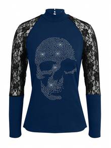 Skull Print Contrast Lace Raglan Sleeve Tee - Navy Blue - View 3