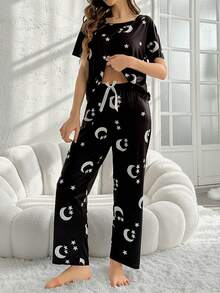 Moon And Stars Print Loungewear Set - Black - View 6