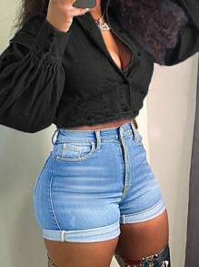 Denim Shorts With Frayed Hem And Slim Fit Design - Light Wash - View 4