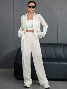 SHEIN Essnce Women's Texture Fabric Two-piece Set - Beige - View 3