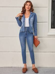 SHEIN LUNE Áo khoác denim Với Cổ bẻ - Màu xanh lam - Xem 6
