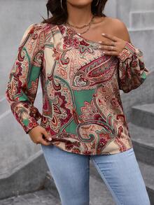 Calvaya Women's Plus Size Asymmetrical Collar Shirt With Botanic Pattern One Shoulder Top - Multicolor - View 3