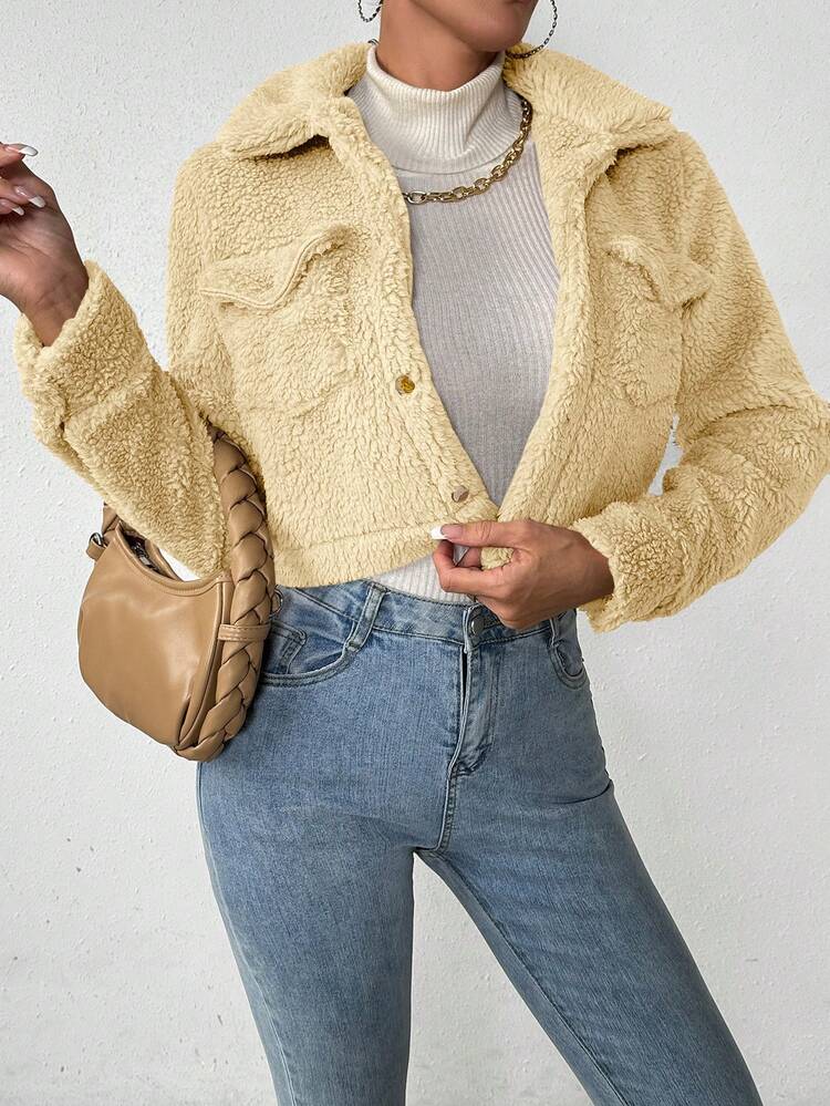 Flap Pocket Cropped Jacket Fall Cloth For Women