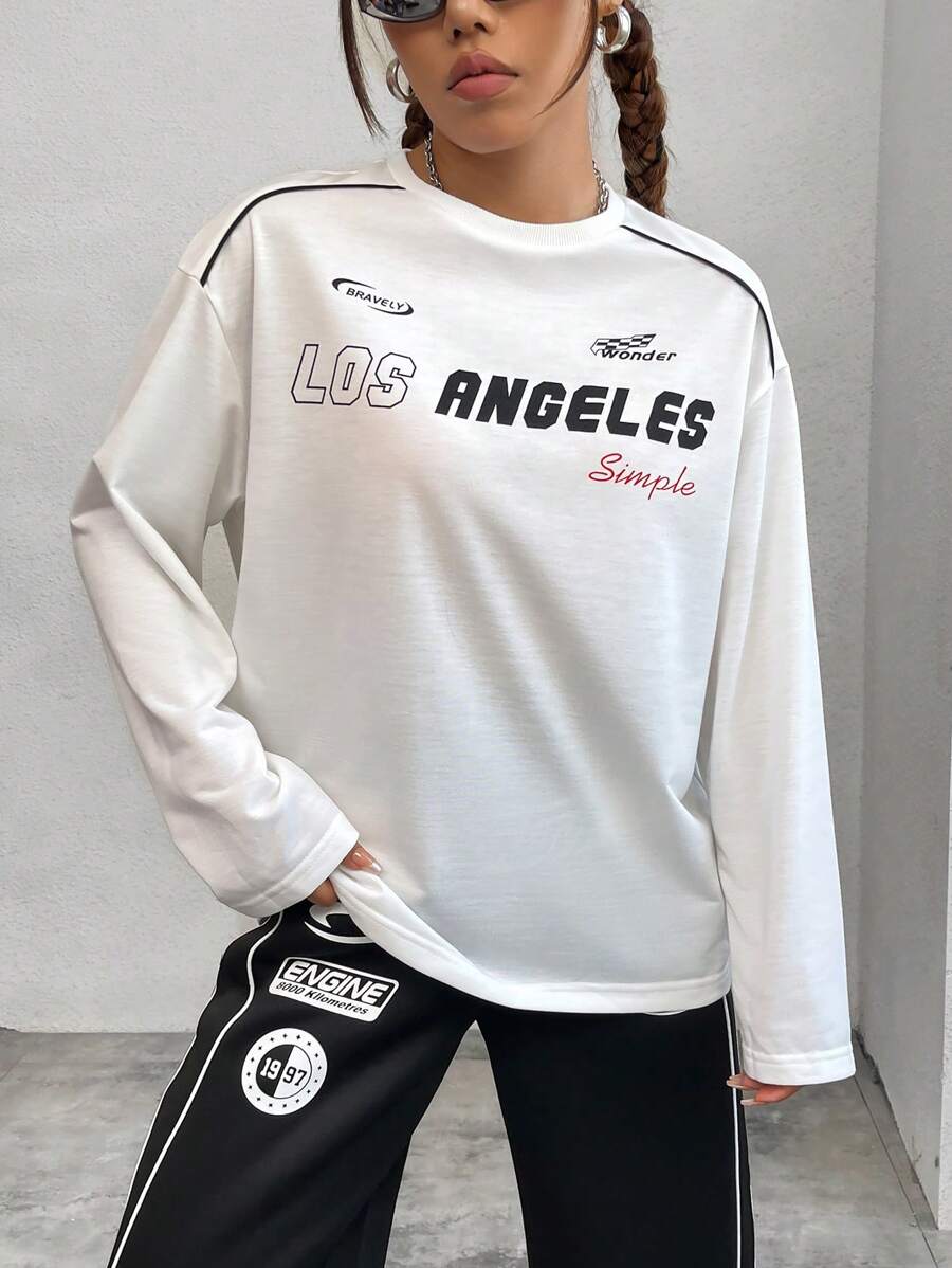 SHEIN EZwear 字母印花長袖下垂肩t恤 - 白色 - 查看 1