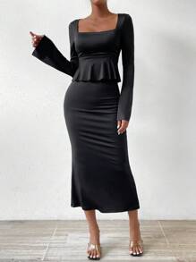 Allurite 女士荷葉邊短款t恤和人魚尾擺裙子套裝