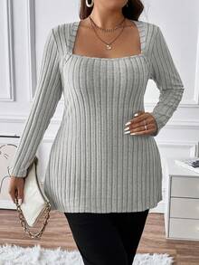 Calvaya Hơn Cổ vuông Viền chia cắt Áo thun - Xám - Xem 5