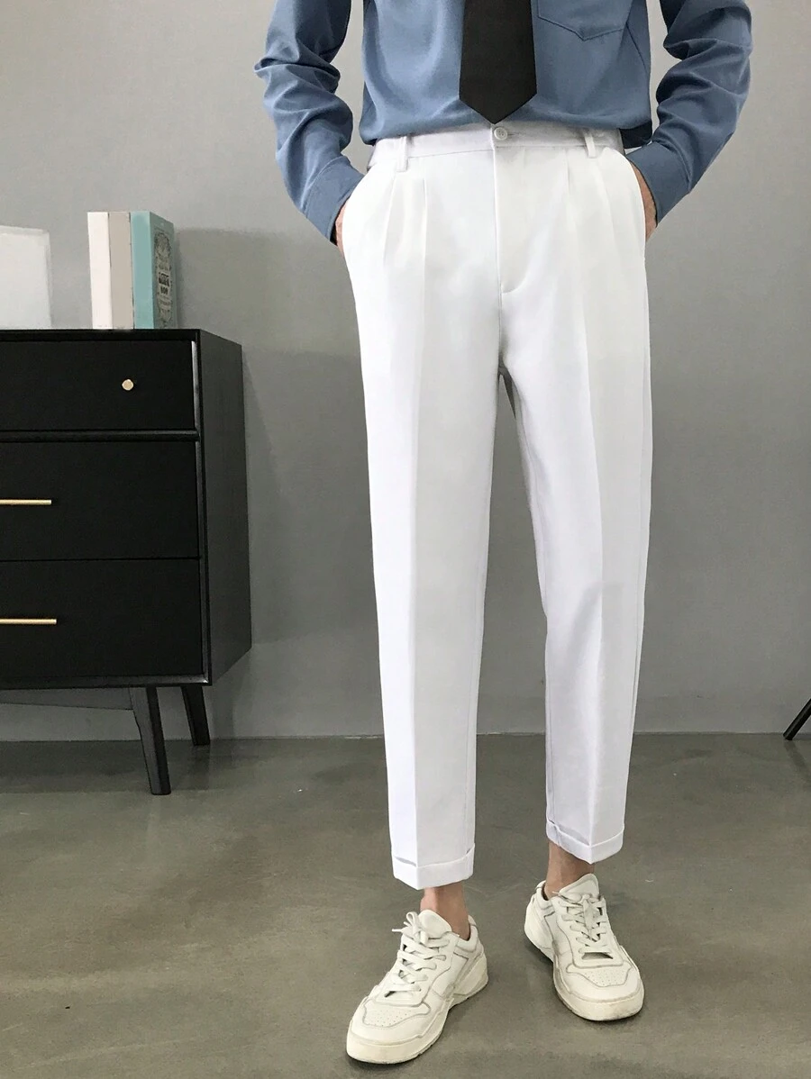 情人節男士時尚休閒直筒修剪長褲 - 白色 - 查看 1