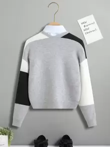 SHEIN Sudadera Tipo Cardigan Sin Botones Para Niña, Con Hombros Caídos Y Color Contrastante