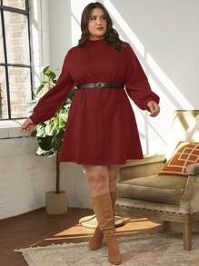SHEIN Clasi Plus Size Lantern Sleeve Solid Color Dress Without Belt - Red - View 5