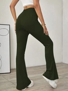 EURMUSE Solid Color Bell Bottom Pants - Green - View 2