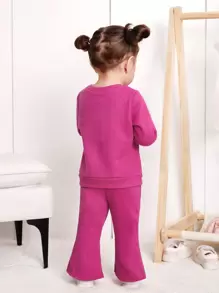 SHEIN 女嬰休閒粉紅字母印花運動衫和開叉下擺長褲套裝 - 玫紅色 - 查看 2