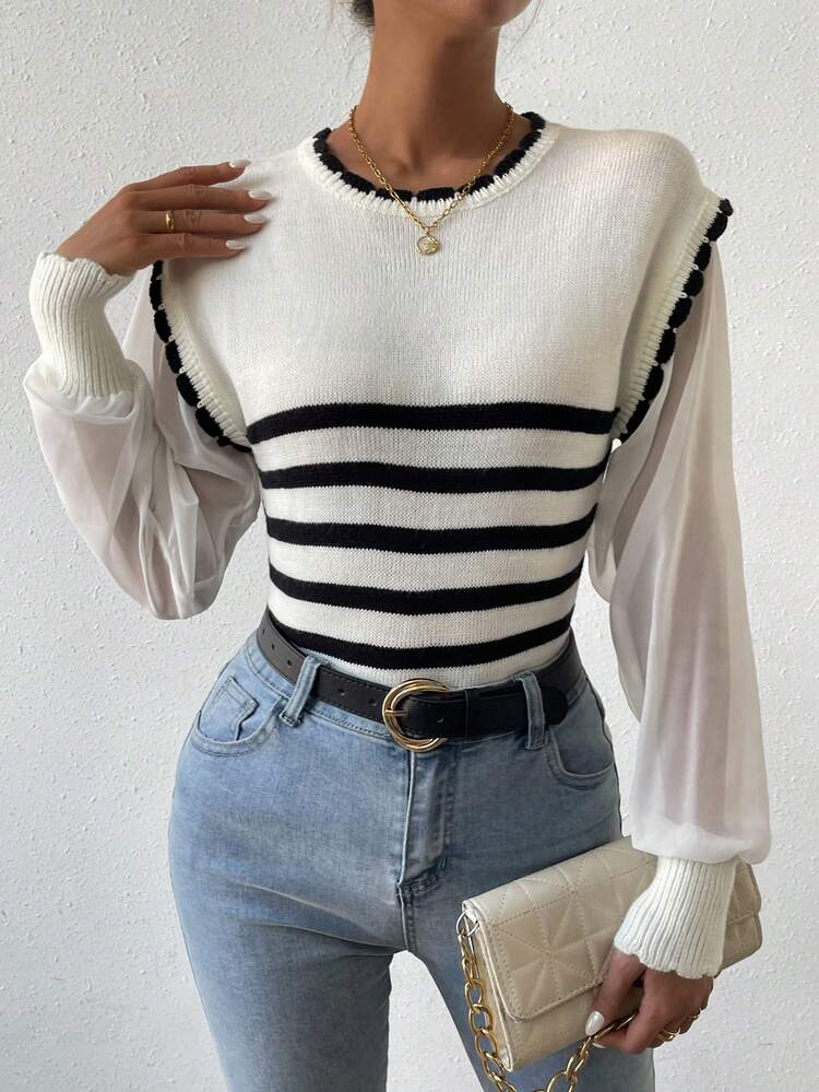 Women's Striped Mesh Splicing Long Sleeve Knit Pullover Fall Winter Sweater