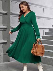 SHEIN Clasi Váy cổ chữ V màu trơn cỡ lớn cho mùa thu - Màu xanh lá cây đậm - Xem 4