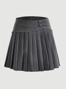 SHEIN MOD 純色百褶裙 - 灰色 - 查看 1