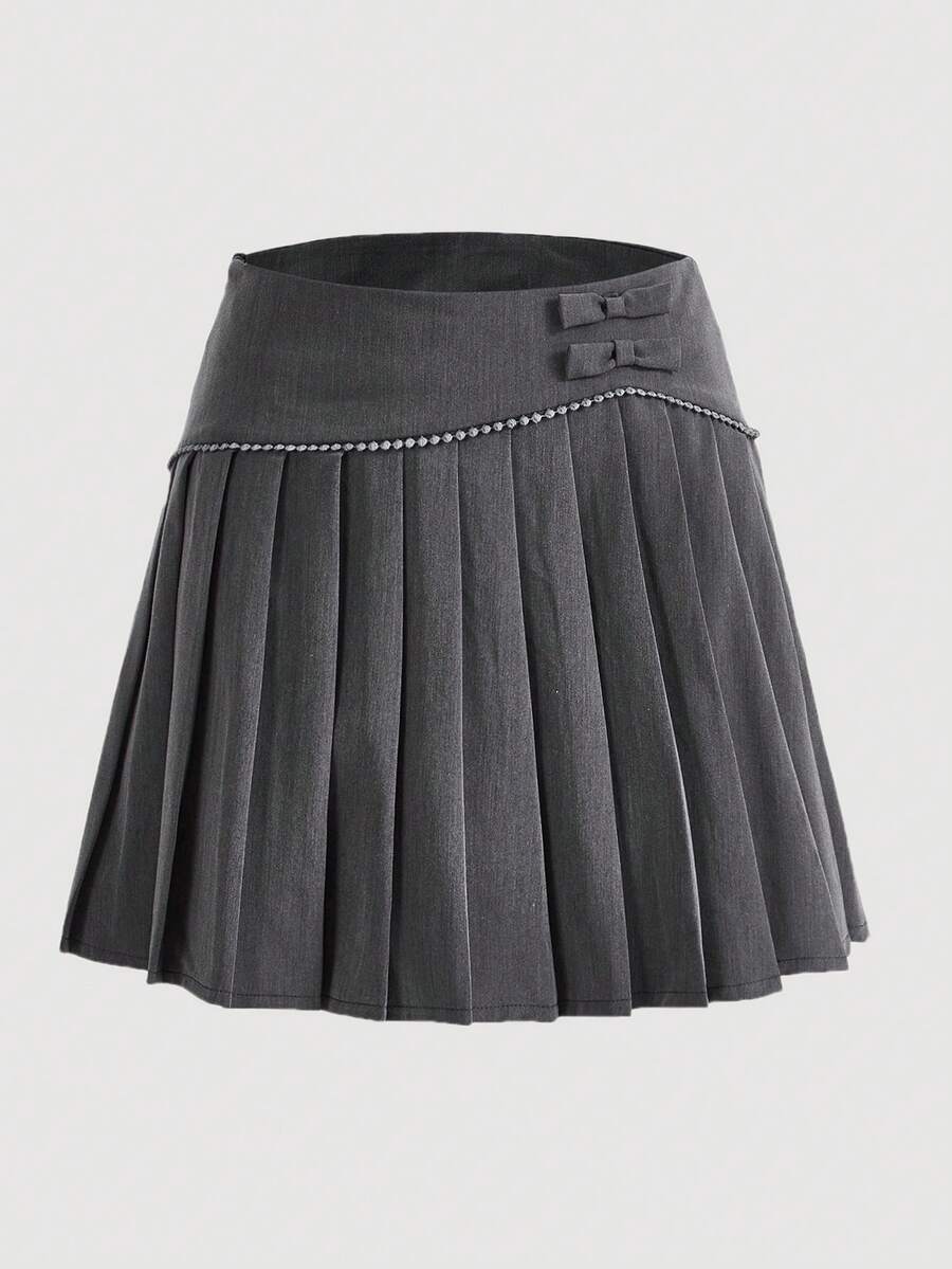 SHEIN MOD 純色百褶裙 - 灰色 - 查看 1