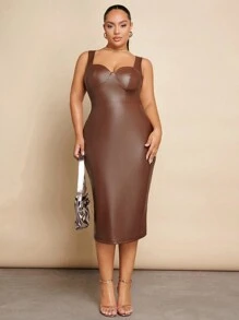 SHEIN BAE 大尺碼人造皮革修身束腰連衣裙 - 棕色 - 查看 6