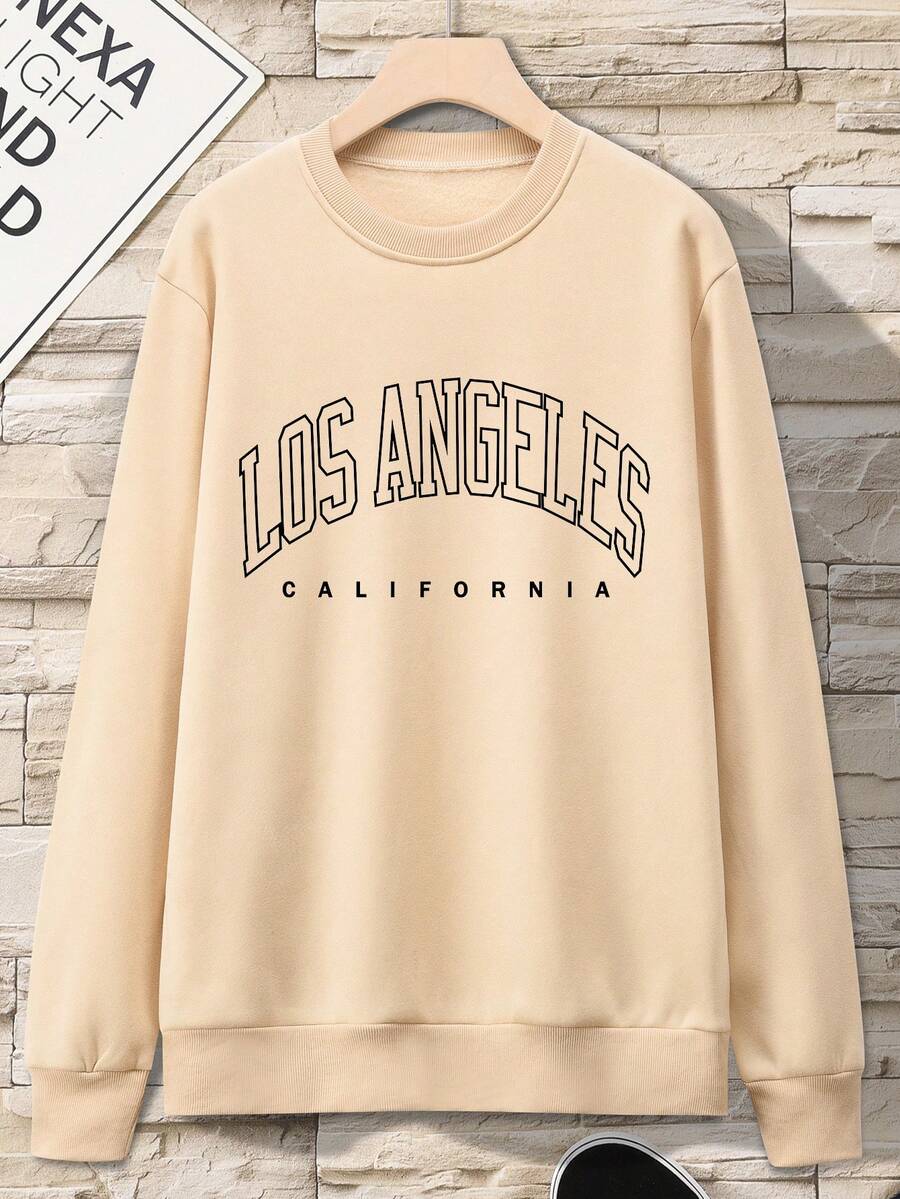 男士印花簡約設計衛衣 - 卡其色 - 查看 1