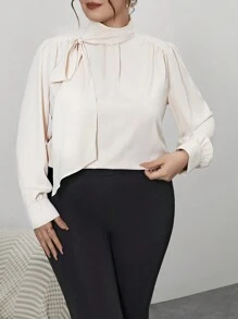 SHEIN Privé Plus Size Women's Tie Neck Button Up Shirt - Apricot - View 3