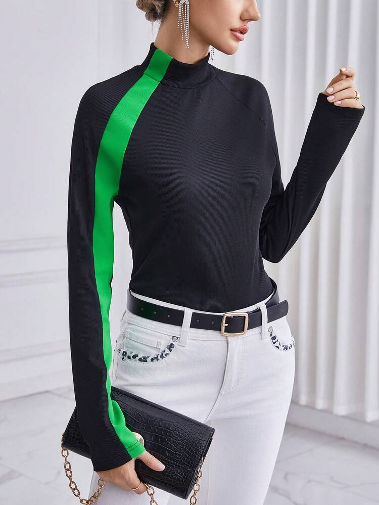 Women's Stand Collar Contrast Color T-shirt