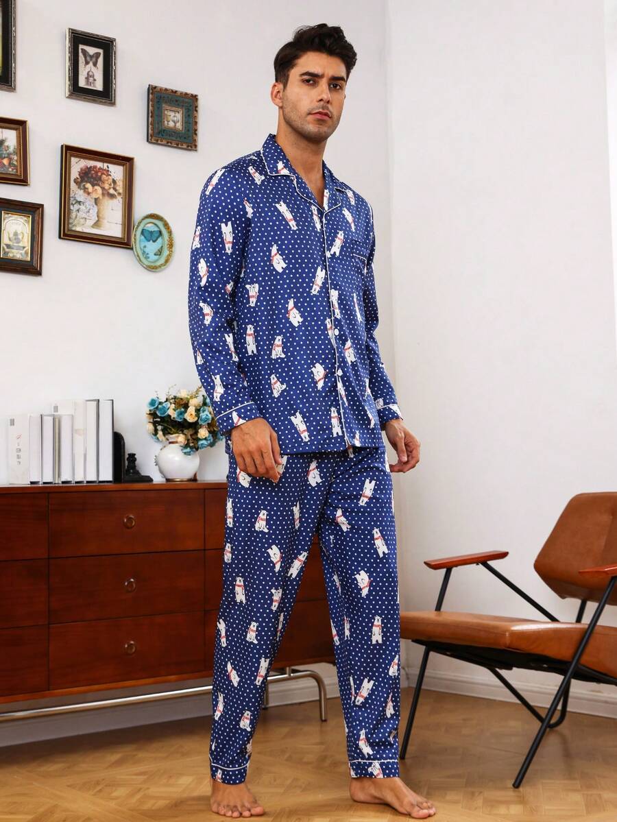 Men Cartoon Graphic PJ Set - Blue - View 1