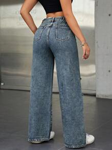 SHEIN ICON Pantalones De Pierna Ancha De Mezclilla - Azul lavado oscuro - Ver 2