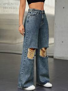 SHEIN ICON Pantalones De Pierna Ancha De Mezclilla - Azul lavado oscuro - Ver 4