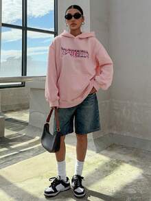 DAZY Text Pattern Hoodie - Pink - View 6