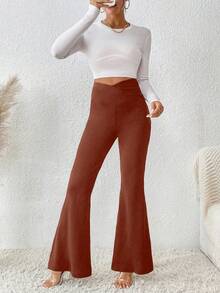 SHEIN LUNE Women's Solid Color Flared Pants - Rust Brown - View 6