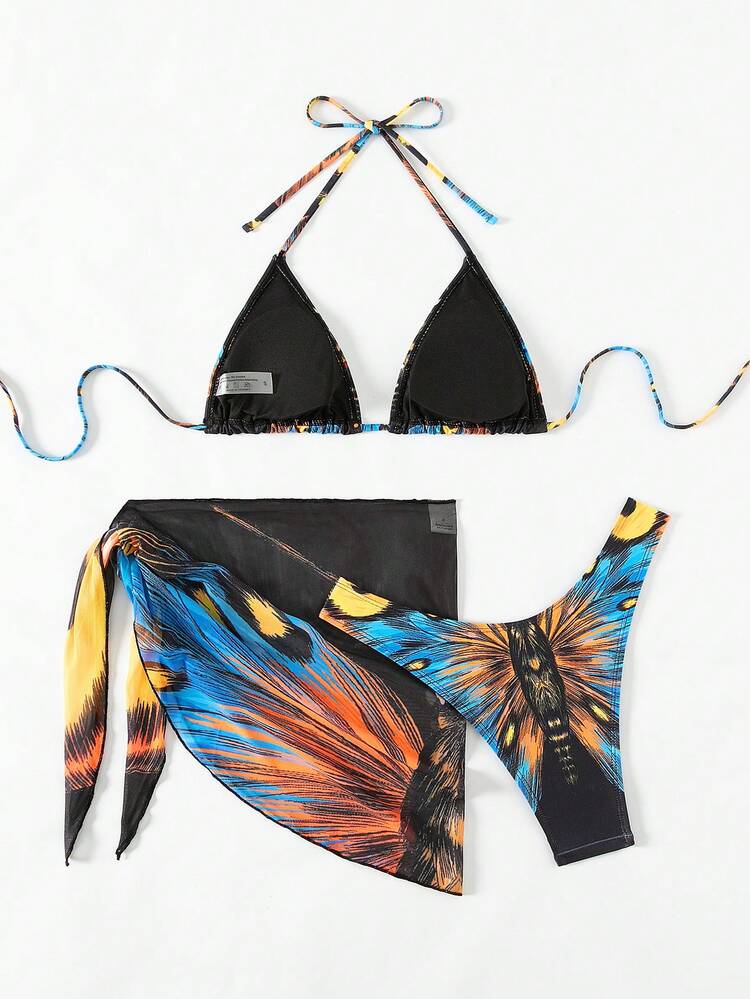 Summer Printed Triangle Bralette High Cut Bikini Set With Beach Skirt