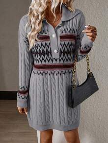 SHEIN Clasi Geometric Pattern Buttons Half Open Cardigan Sweater Dress - Grey - View 5