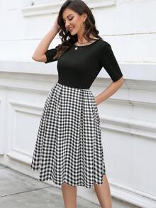女式經典格紋半袖復古雞尾酒裙,附口袋 - 黑與白 - 查看 3