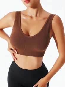 Yoga Basic Solid Ribbed Knit Sports Bra - بني - مشاهدة 5