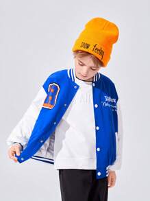 SHEIN Áo khoác độn vai Tween Boy Letter Graphic Sọc Viền Thả Vai - Màu xanh lam - Xem 4