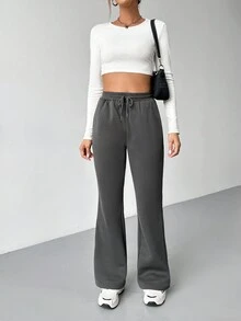 SHEIN EZwear 女士抽繩高腰慢跑褲 - 灰色 - 查看 6