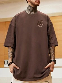 Manfinity LEGND 男士字母圖案落肩T恤 - 咖啡棕 - 查看 3