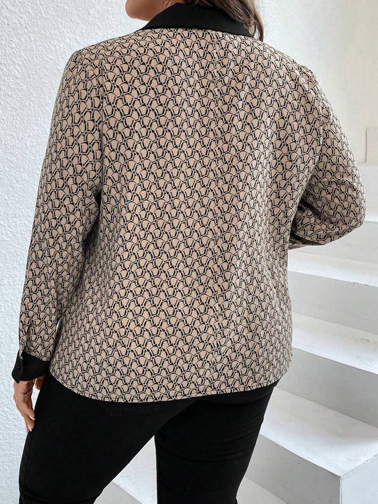 Plus Allover Print Contrast Trim Blouse
