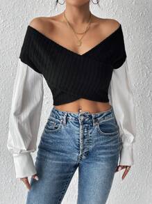 SHEIN Privé Top De Mujer Con Bloques De Color Y Hombros Cruzados - Blanco y Negro - Ver 5