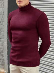 SHEIN Cottnline Simple Men's Solid Color Turtleneck Sweater, Versatile - Burgundy - View 2