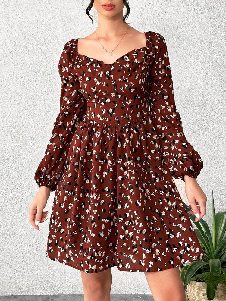 Floral Printed Lantern Sleeve Sweetheart Neckline Dress