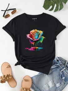 SHEIN Colorful Flower Pattern Casual Short Sleeve T-shirt - Black - View 5