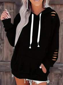 SHEIN EZwear 女士連帽運動衫,帶束帶和磨損設計 - 黑色 - 查看 1