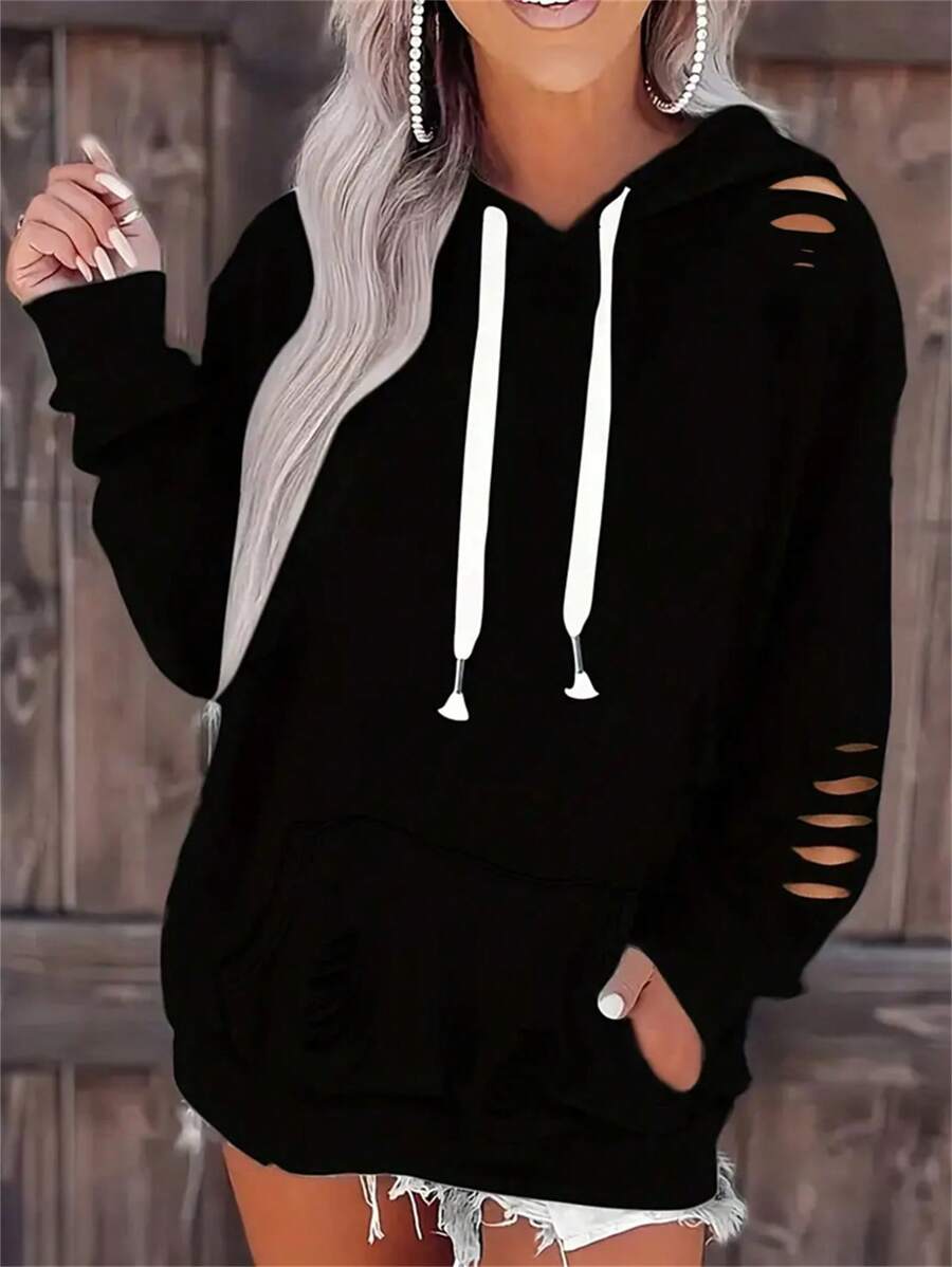 SHEIN EZwear 女士連帽運動衫,帶束帶和磨損設計 - 黑色 - 查看 1