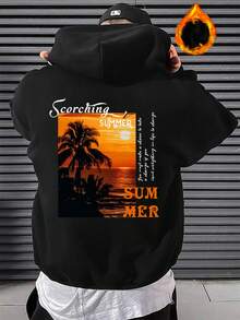 Manfinity Hypemode Men's Coconut Tree & Letter Print Drop Shoulder Hooded Fleece Sweatshirt - Black - View 1