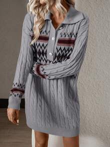 SHEIN Clasi Geometric Pattern Buttons Half Open Cardigan Sweater Dress - Grey - View 3