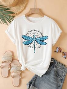 SHEIN EZwear Women's Plus Size Blue Dragonfly Printed T-shirt - White - View 7
