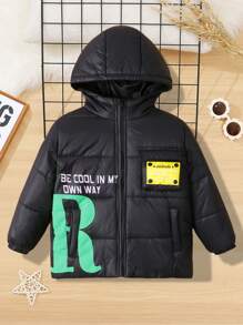 SHEIN 男孩舒服的厚絎縫連帽外套帶圖案圖案適用於閒暇 - 黑色 - 查看 3