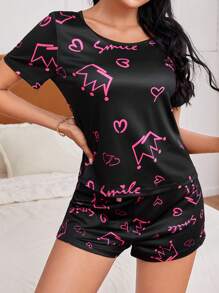 Women's Crown Pattern Short Sleeve And Shorts Pajama Set - Black - View 6