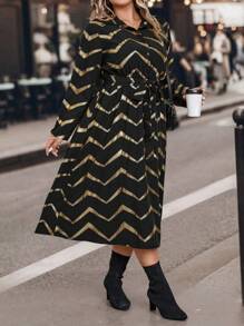 SHEIN LUNE Plus Chevron Print Belted Shirt Dress
